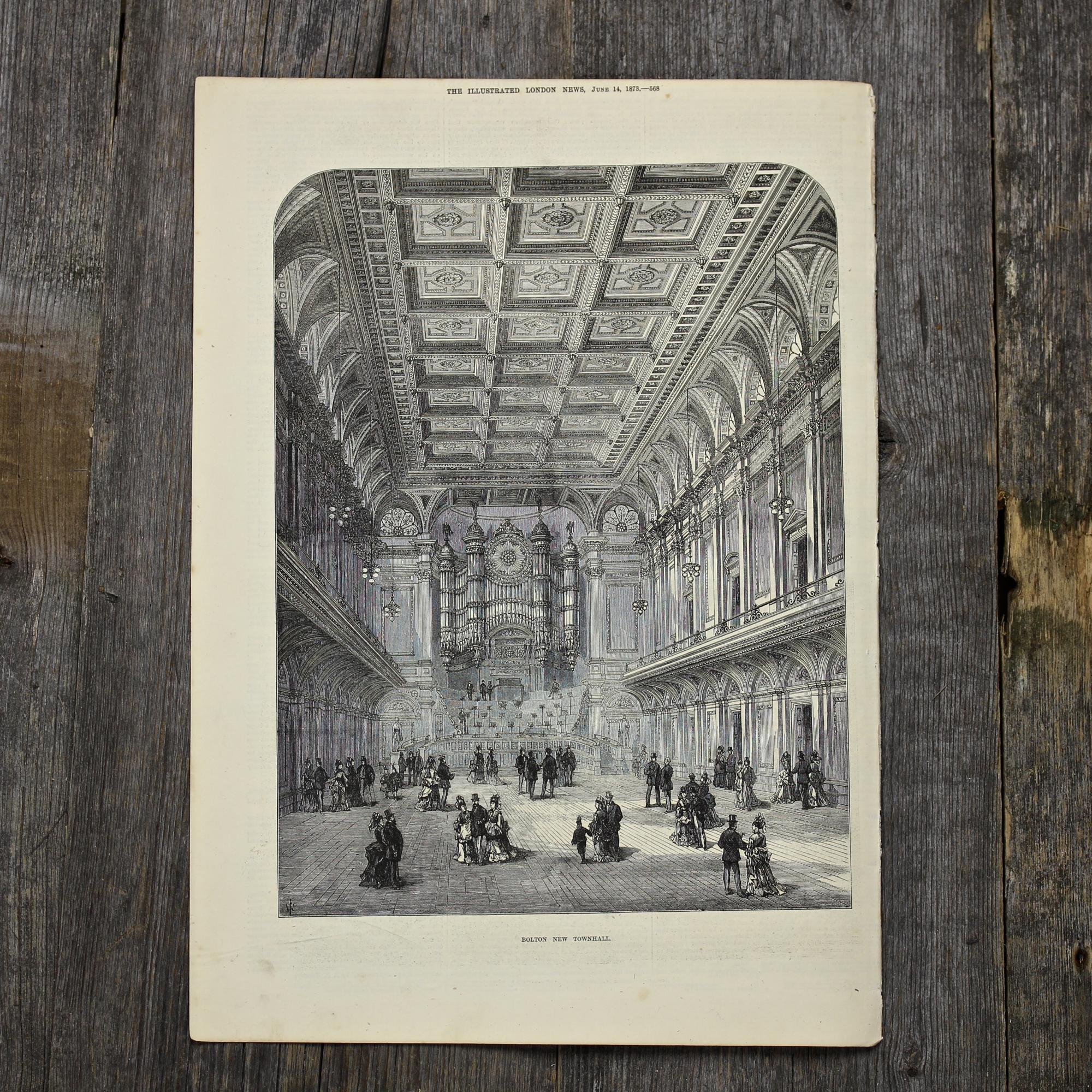 Антикварная иллюстрация The Illustrated London News Bolton new townhall, The bradford mechanics' institute