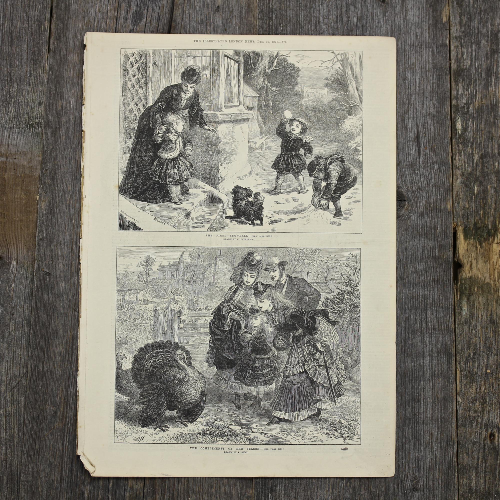 Антикварная иллюстрация The Illustrated London News The first snowball by H Petherick