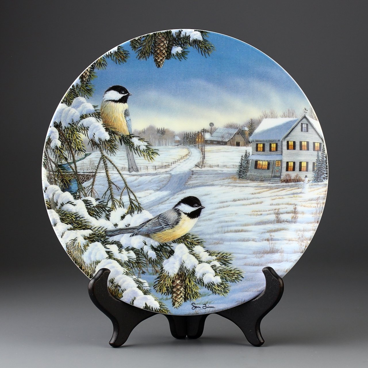 Винтажная декоративная тарелка Knowles "Black-Capped Chickadees in Winter" Черношапочные гаички зимой