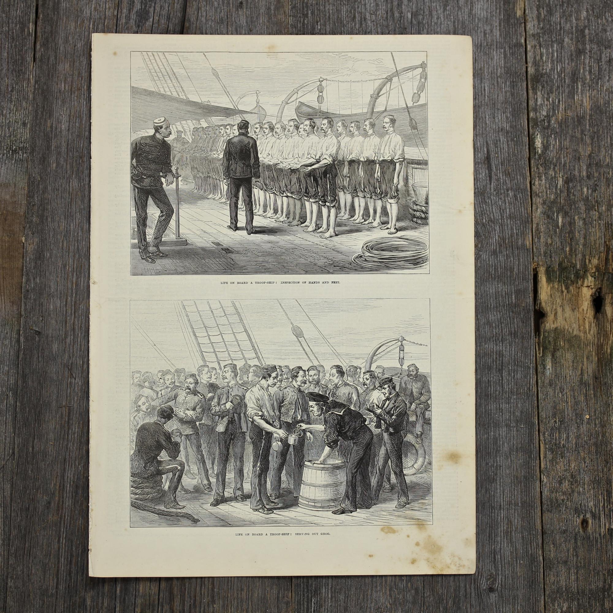 Антикварная иллюстрация The Illustrated London News Life on board a troop-ship: inspection of hands and feet