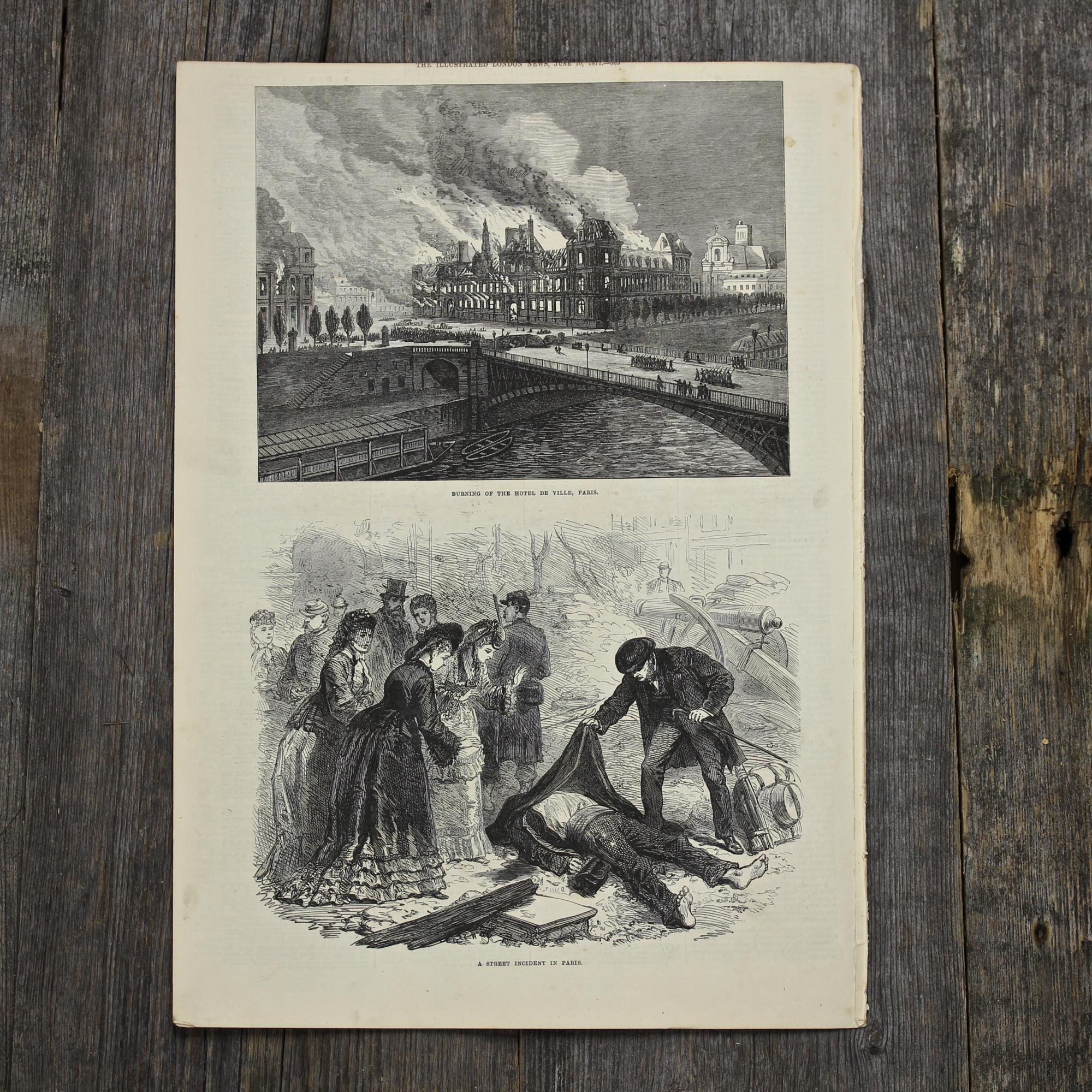 Антикварная иллюстрация The Illustrated London News Burning of the hotel de ville Paris