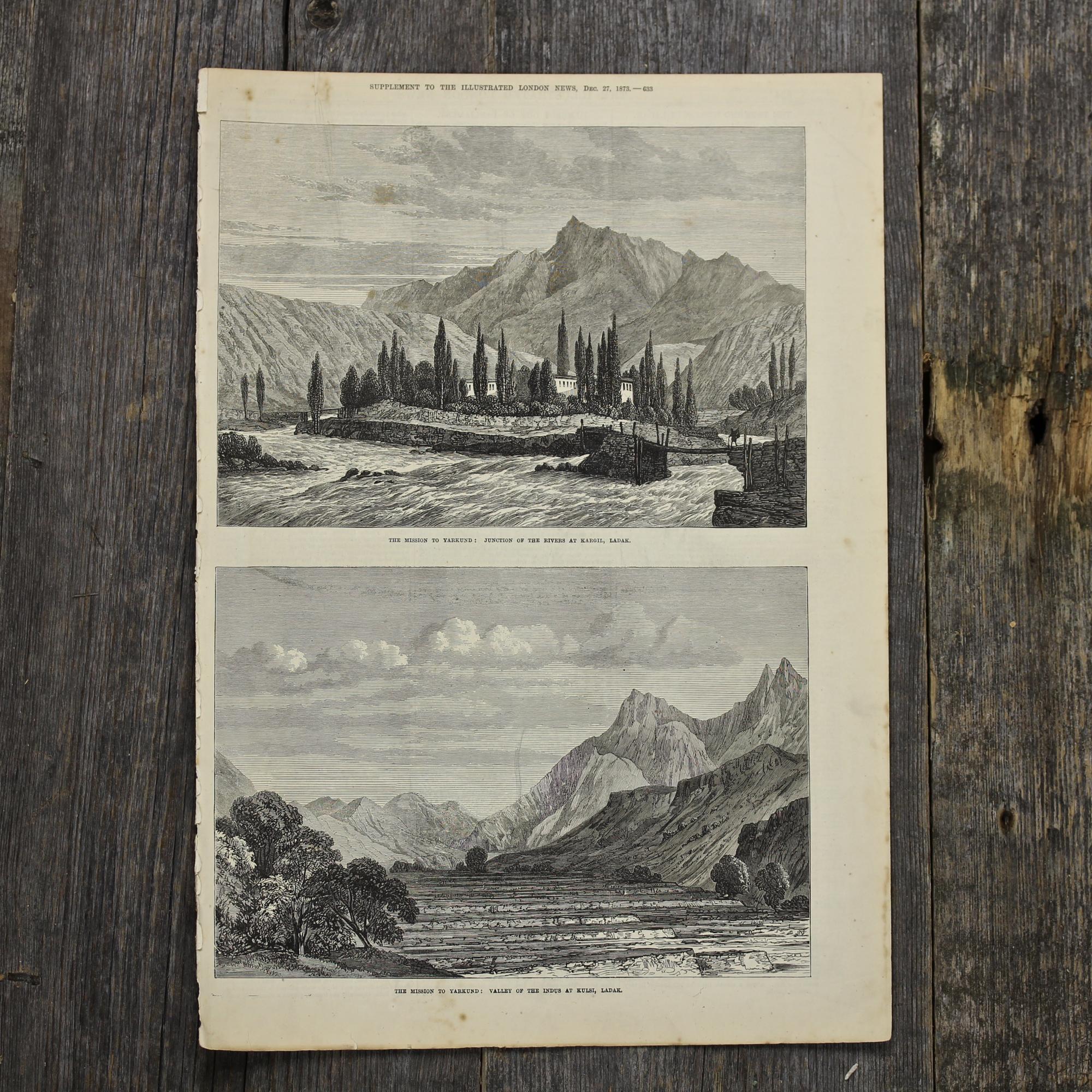 Антикварная иллюстрация The Illustrated London News The mission to Yarkund junction of the rivers at Kargil, Ladak
