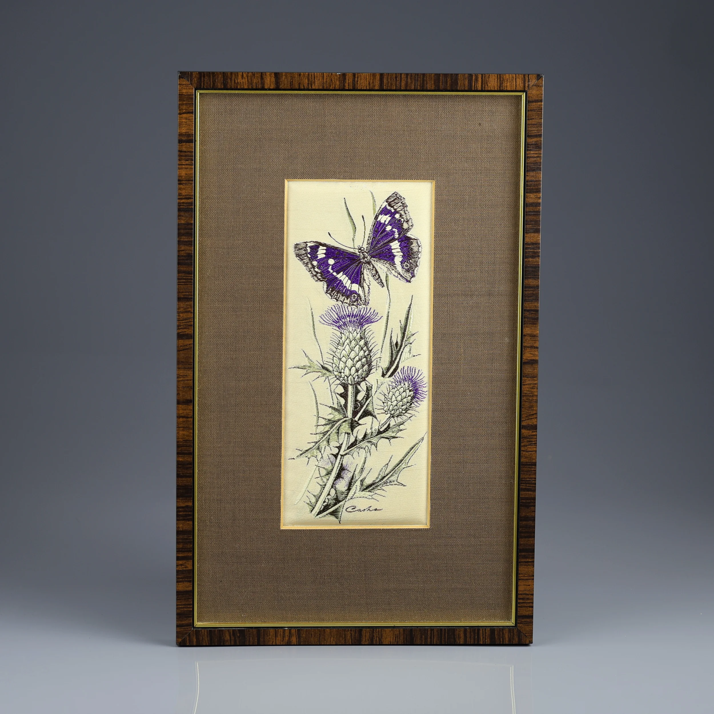 Винтажный стивенграф Бабочка Чертополох Purple Emperor and Spear Thistle J & J Cash Англия