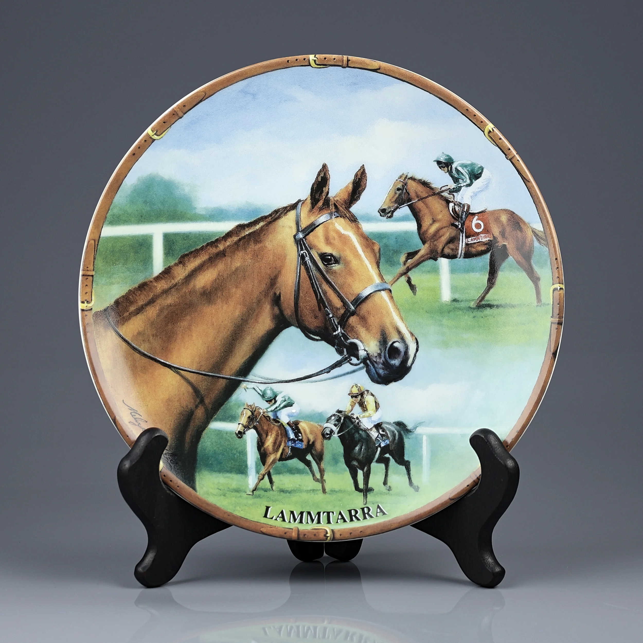 Винтажная фарфоровая декоративная тарелка Великие скакуны Лошадь Англия Royal Worcester Danbury Mint Lammtarra Great Racehorses