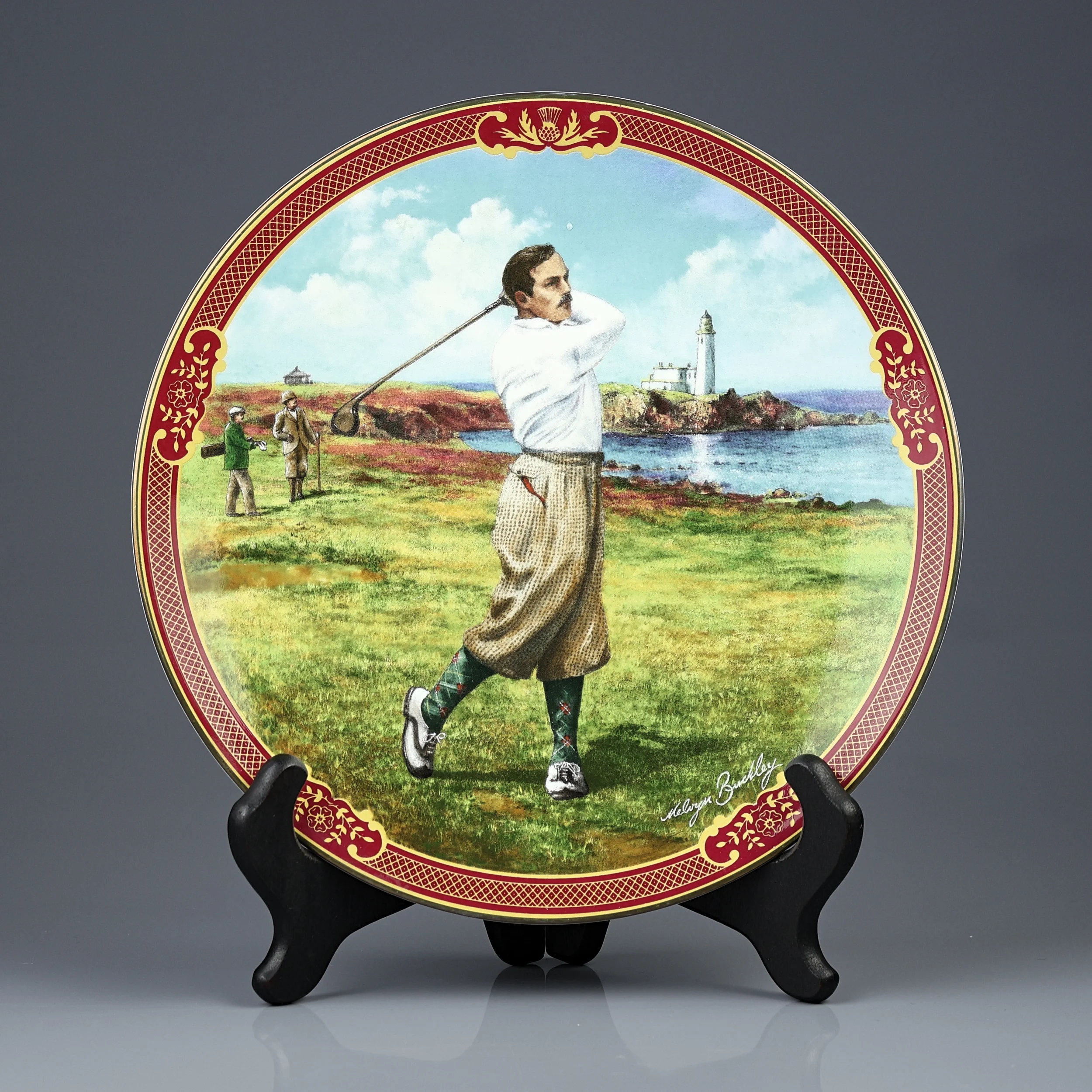 Винтажная декоративная фарфоровая тарелка Гольфист Морское побережье Royal Worcester Golfing Collection The Links