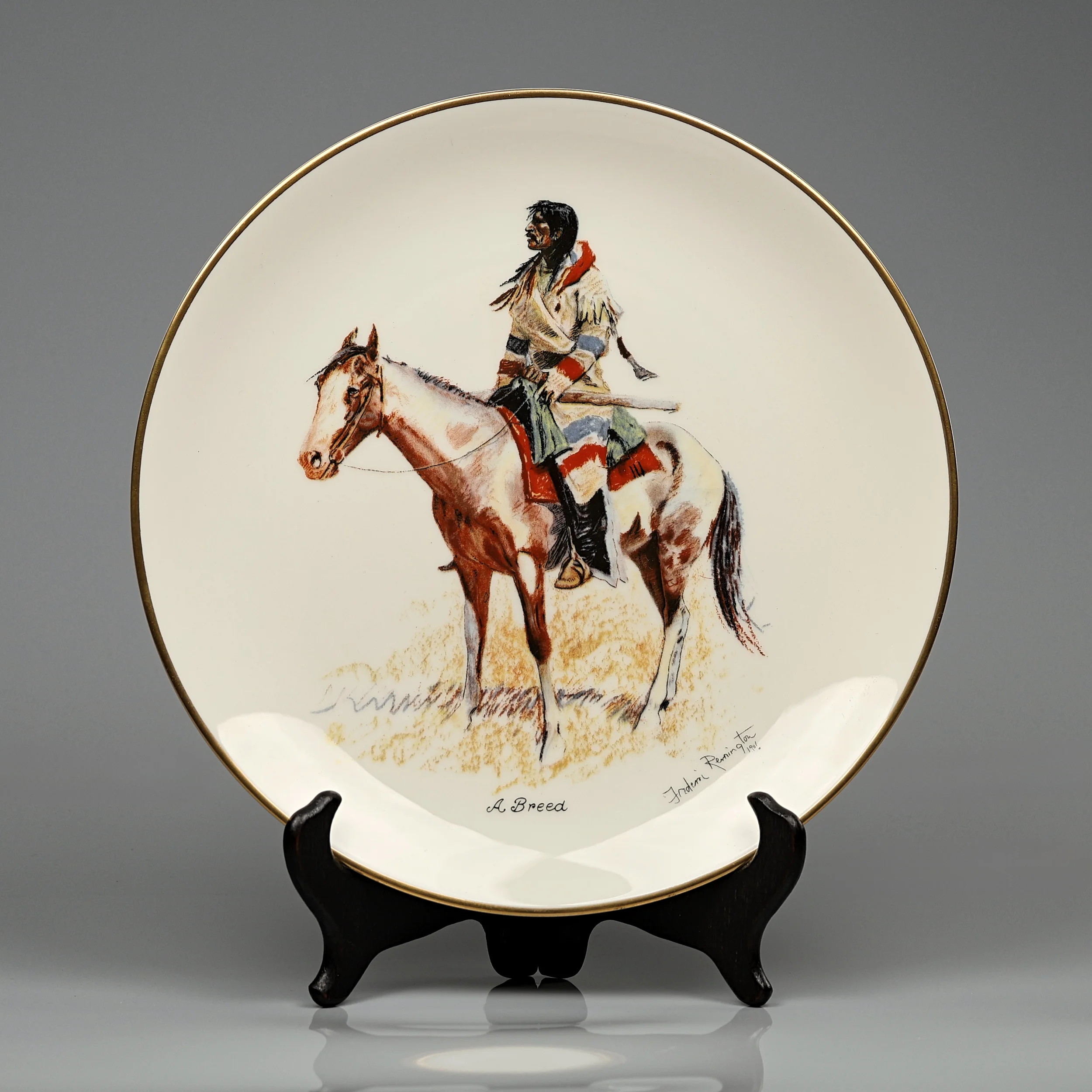 Винтажная фарфоровая декоративная тарелка Индеец на лошади США Gorham A Breed Frederic Remington