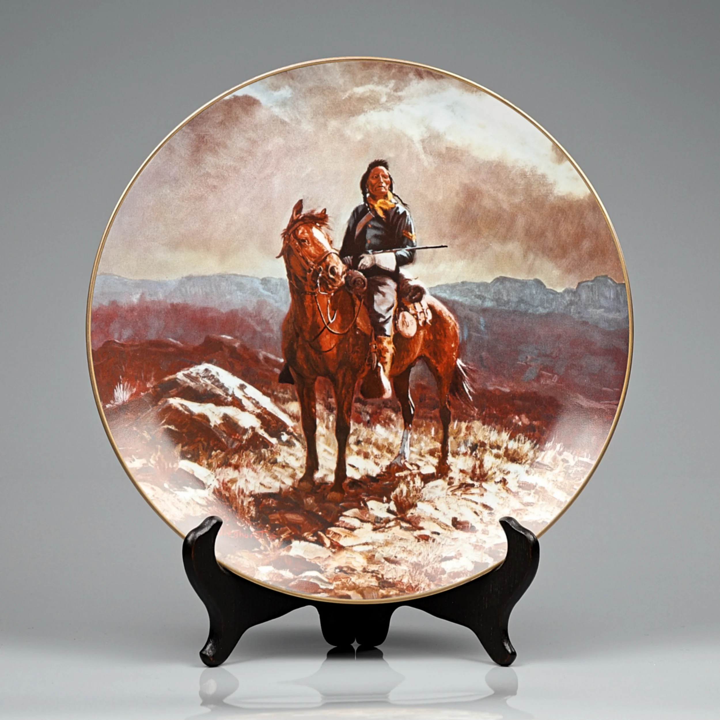 Винтажная фарфоровая декоративная тарелка Индеец на лошади США Fairmont Fine China Indian Scout Olaf Wieghorst