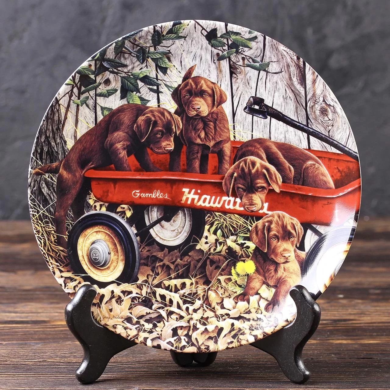 Тарелка винтажная декоративная настенная Фарфор Щенки Собаки Bradford Exchange Dog Days Wagon Train