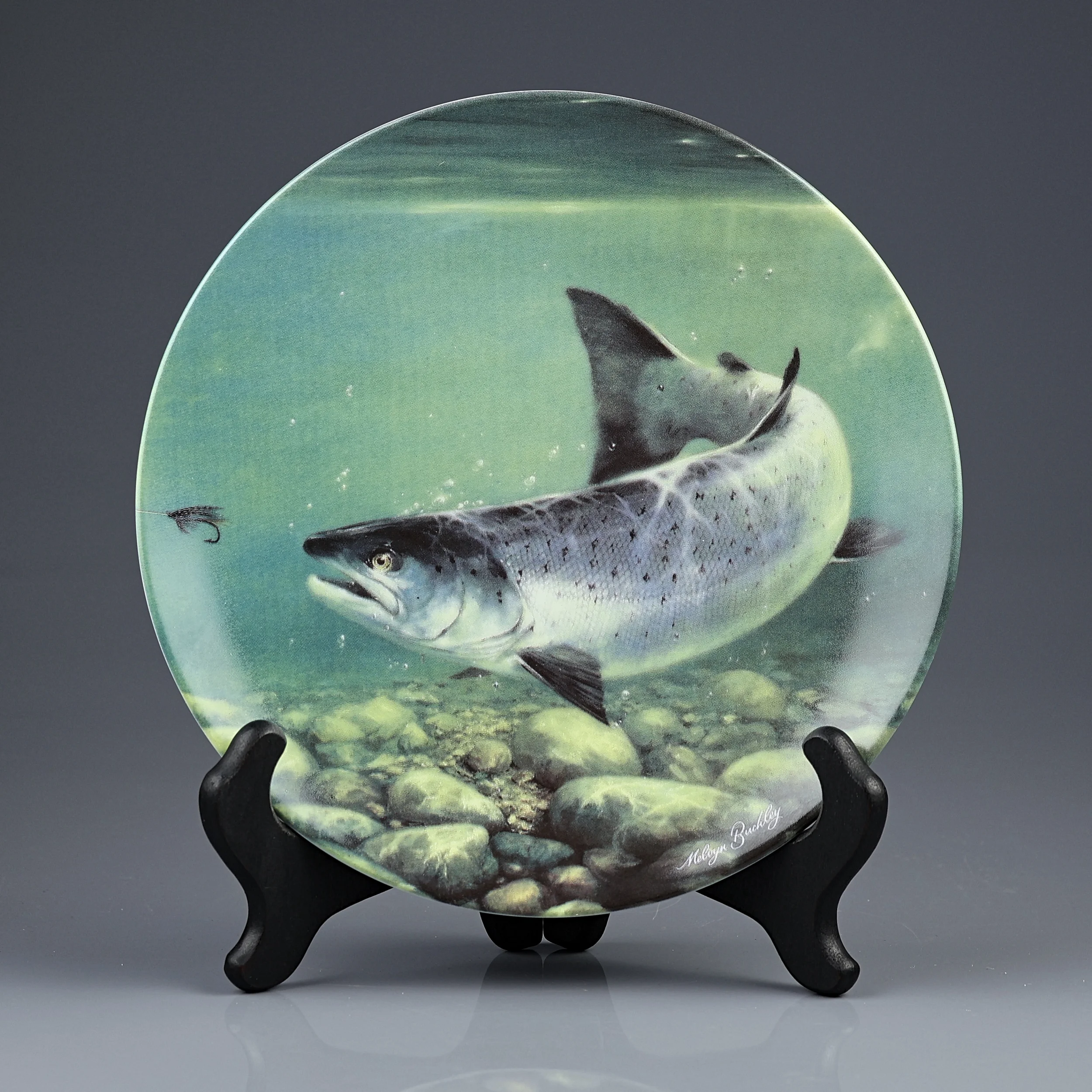 Винтажная декоративная фарфоровая тарелка Лосось Рыбалка Англия Royal Worcester Danbury Mint Salmon Game Fish of Britain