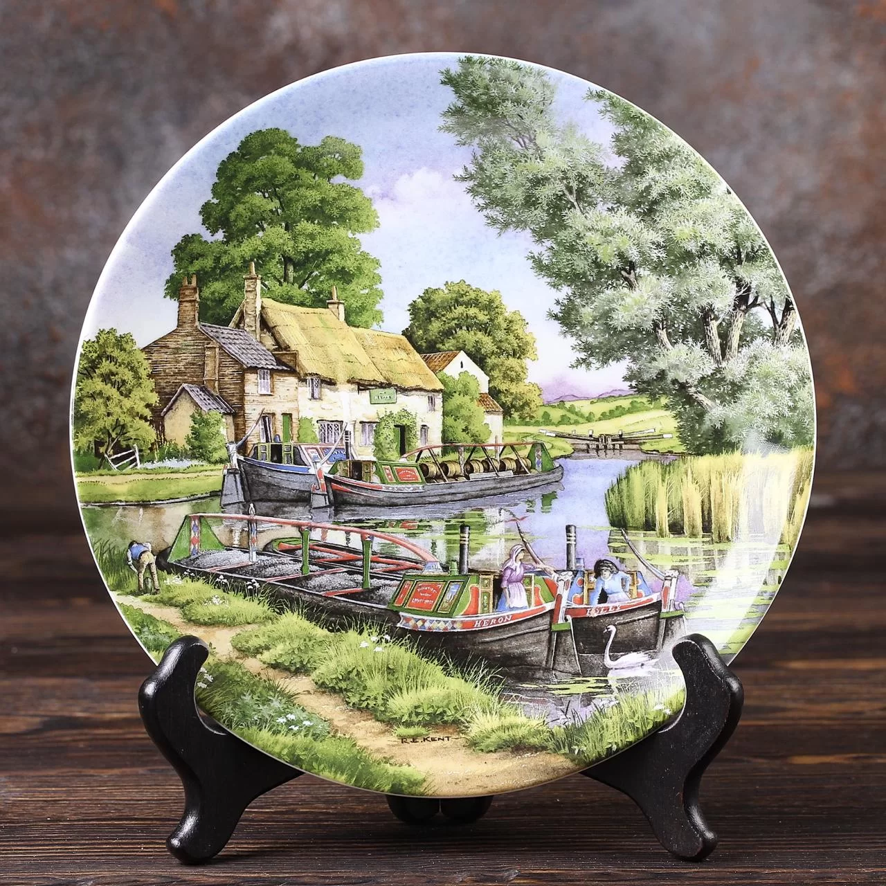 Тарелка винтажная декоративная настенная Фарфор Англия Паромы Канал Royal Worcester Romance of the Waterways Mooring Up