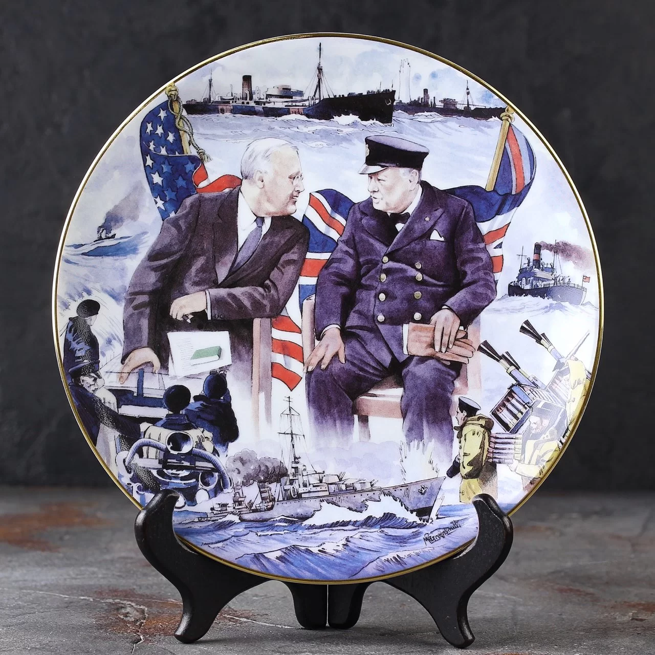 Винтажная тарелка Уинстон Черчиль Рузвельт Вторая мировая война Hamilton Collection This Was Their Finest Hour Churchill Roosevelt Give Us the Tools