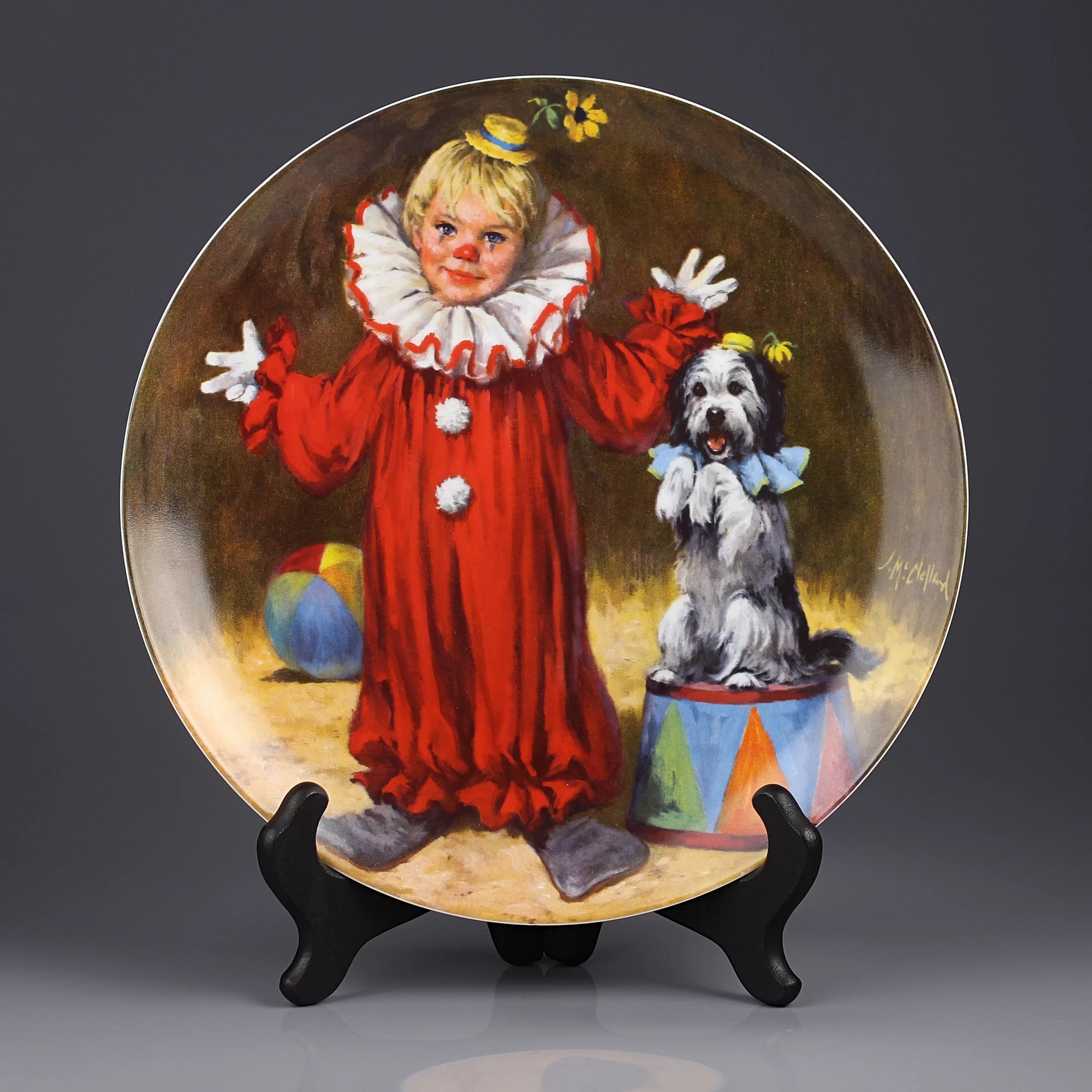 Тарелка винтажная декоративная настенная Фарфор Клоун с собакой Knowles Reco Children's Circus Collection Tommy the Clown