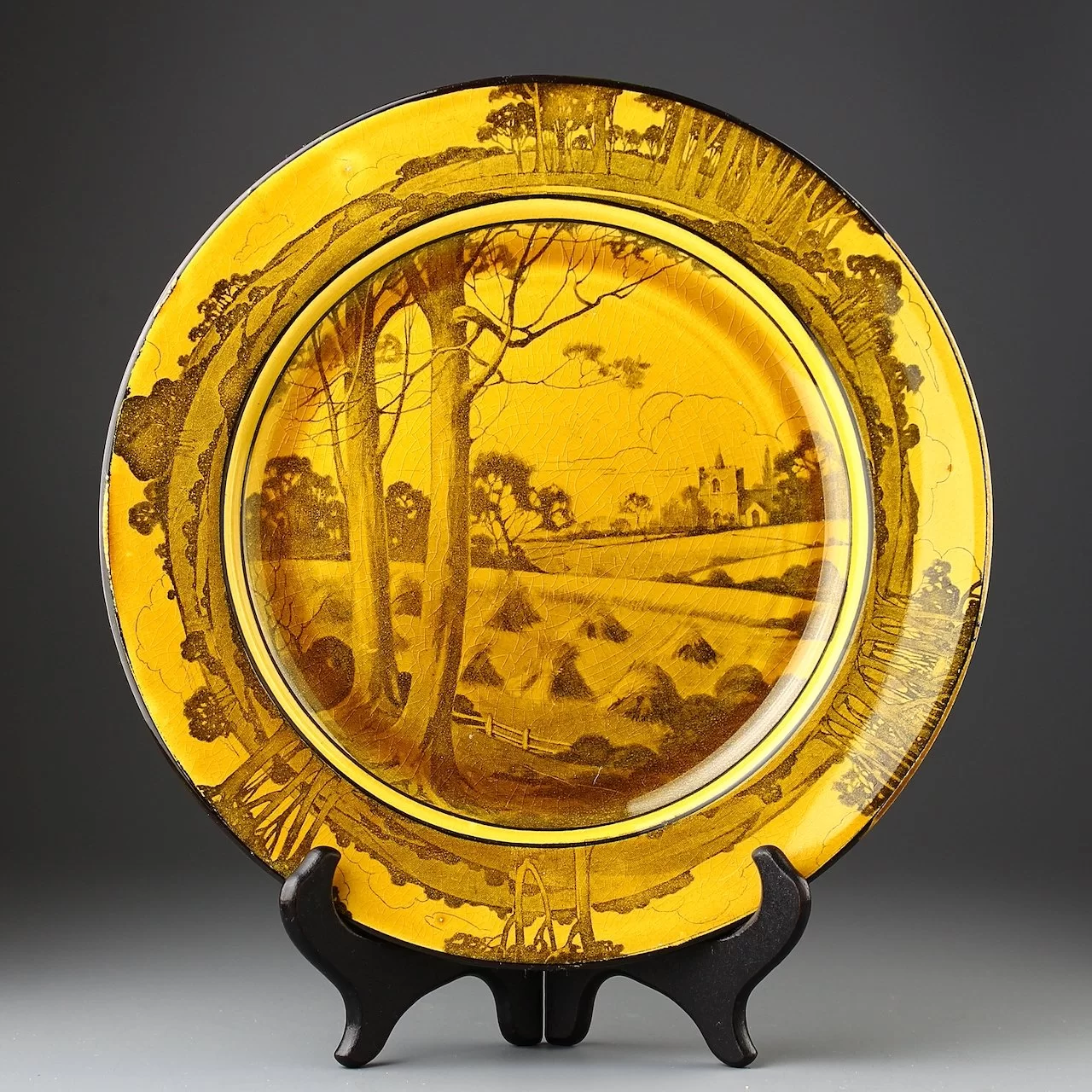 Тарелка антикварная декоративная настенная Англия Royal Doulton Деревья и копны сена 1906 год