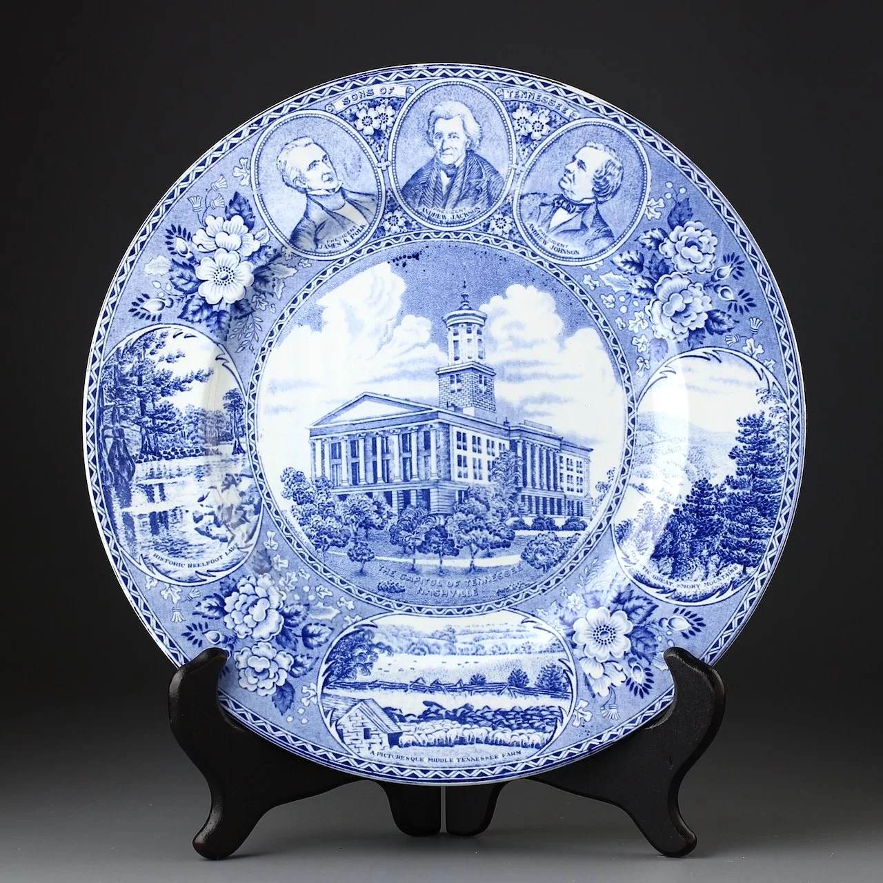 Антикварная декоративная настенная тарелка Штат Теннесси Old English Staffordshire Ware Jonroth & Co Historic and Picturesque Tennessee