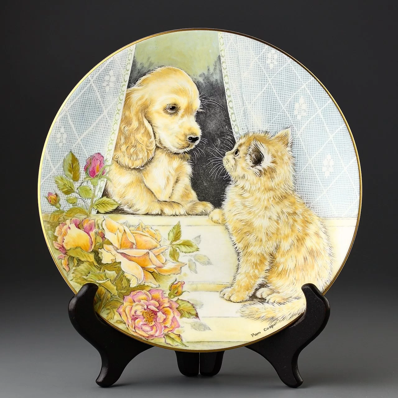 Тарелка винтажная декоративная настенная Фарфор Англия Щенок и котёнок Royal Worcester Just Good Friends Come Out To Play