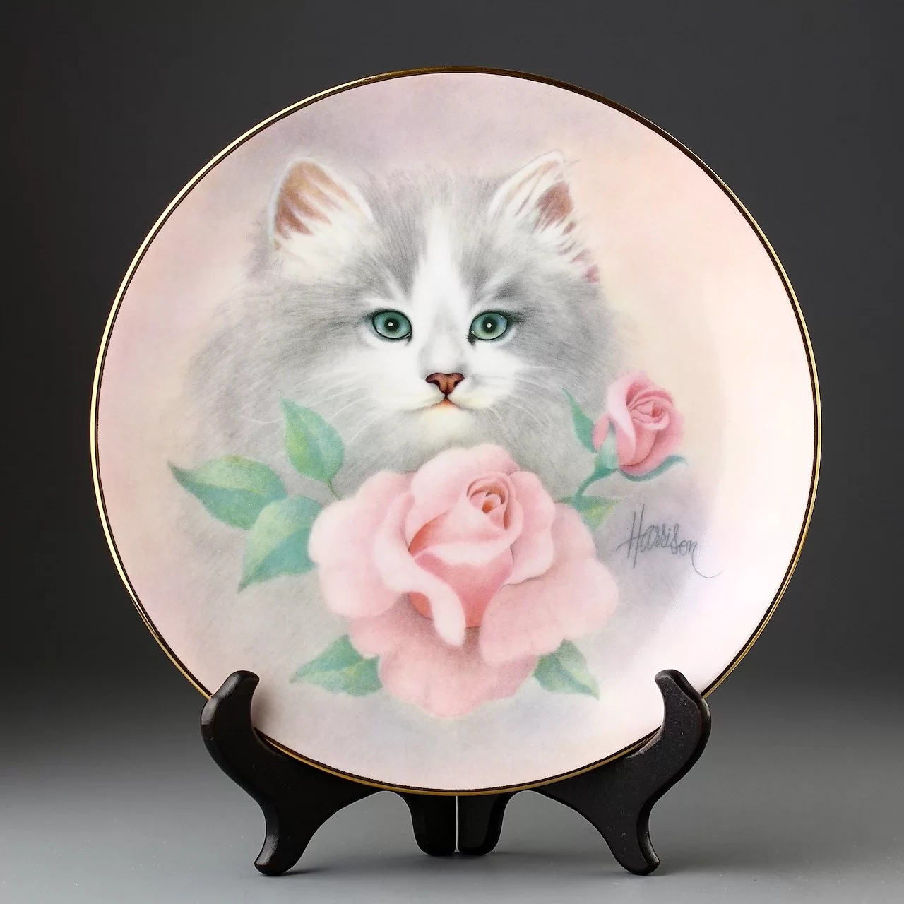 Тарелка винтажная декоративная настенная Фарфор Кошка Розы Hamilton Collection Petals and Purrs Blushing Beauties