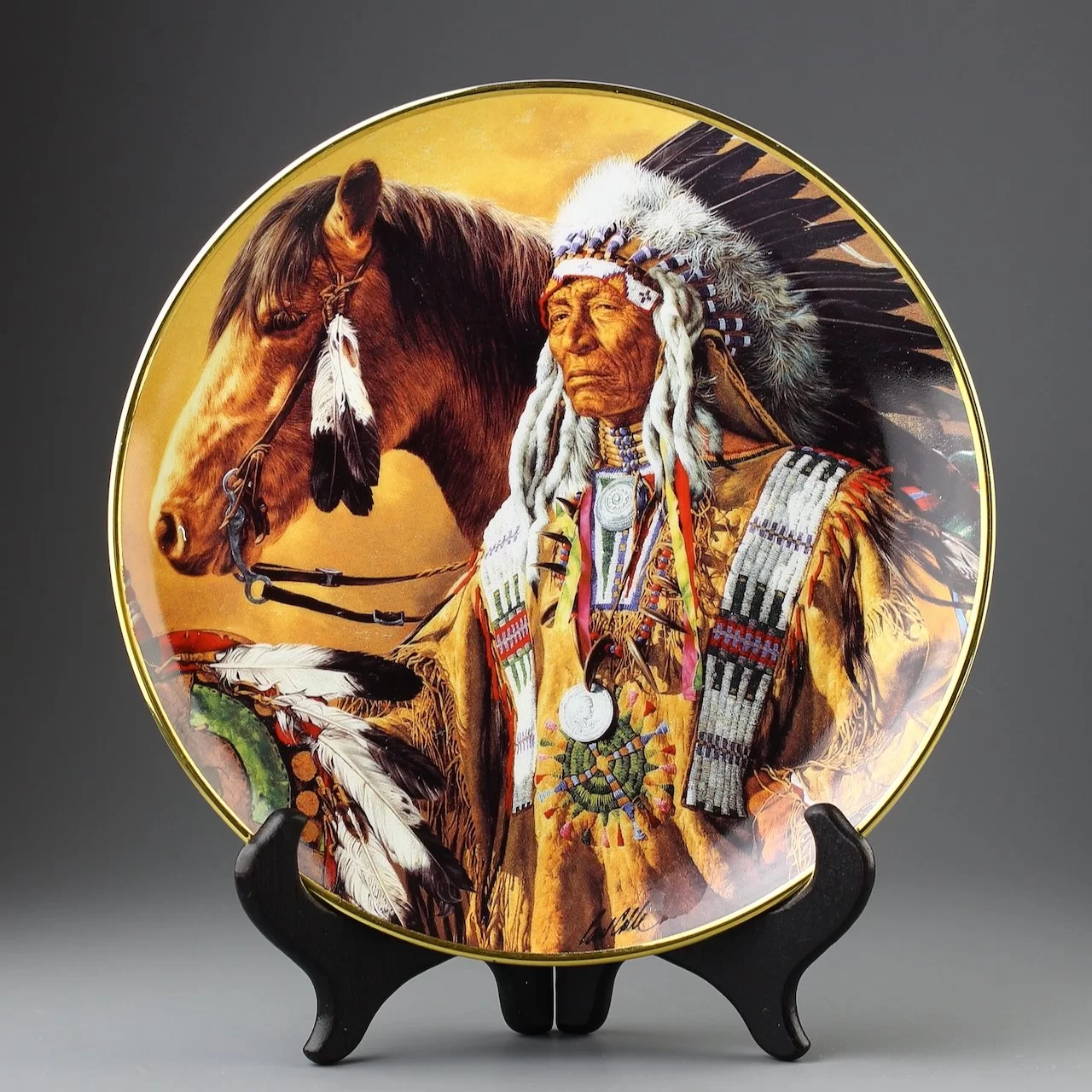 Тарелка винтажная декоративная настенная Фарфор Индеец с лошадью Franklin Mint Pride of the Sioux Paul Calle