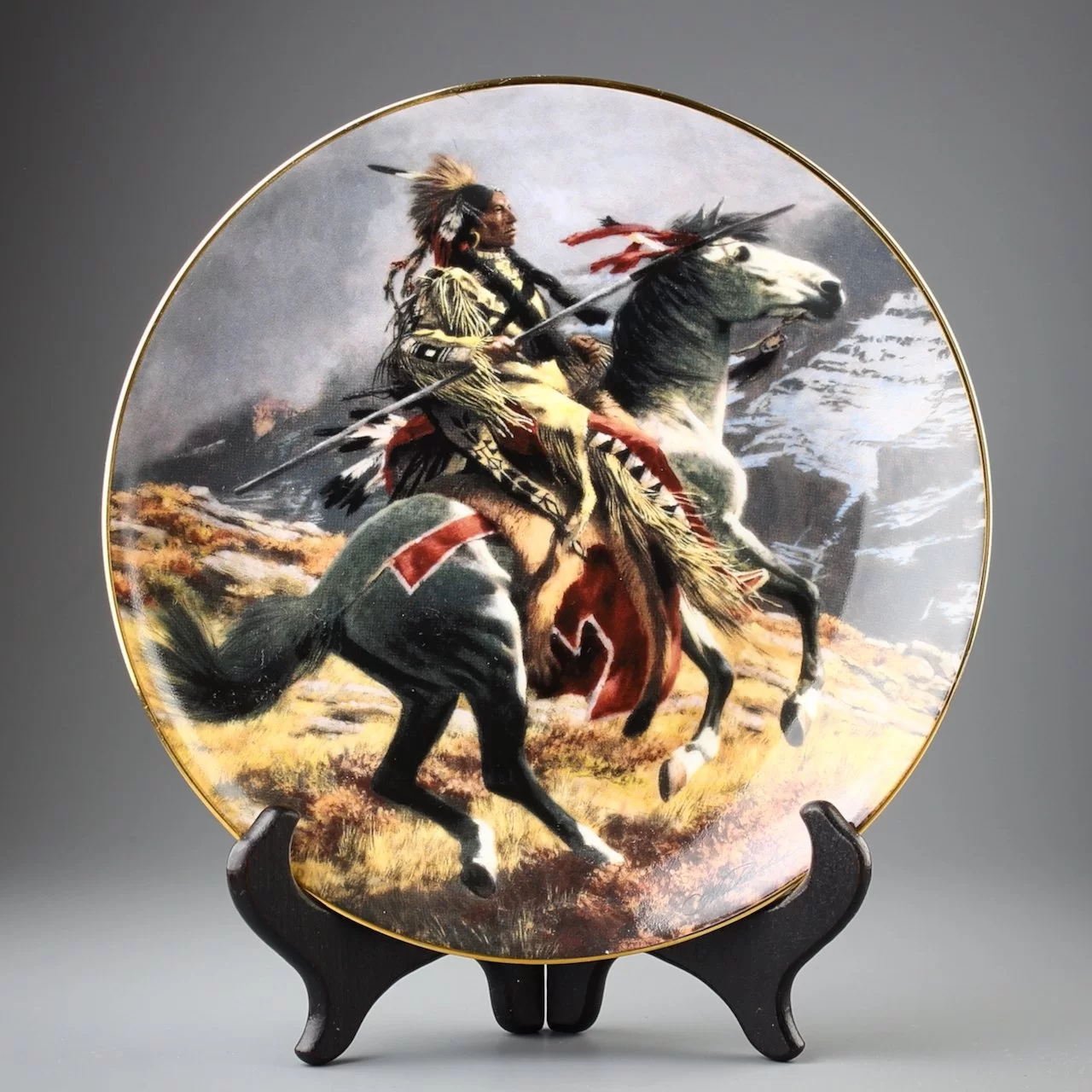 Тарелка винтажная декоративная настенная Фарфор Индеец на лошади Franklin Mint Great Spirit Guide My Hand Tom Beecham