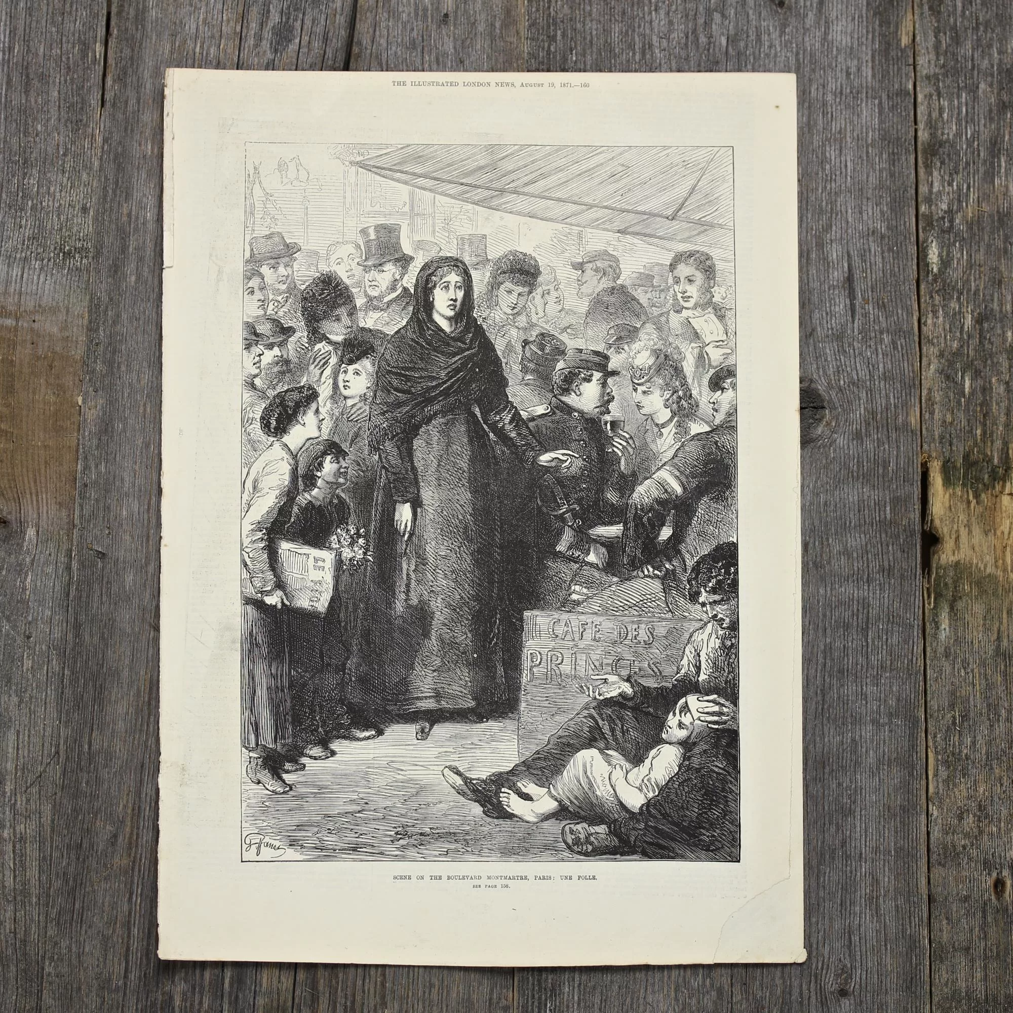 Антикварная иллюстрация The Illustrated London News Scene on the boulevard Montmartre, Paris une folle