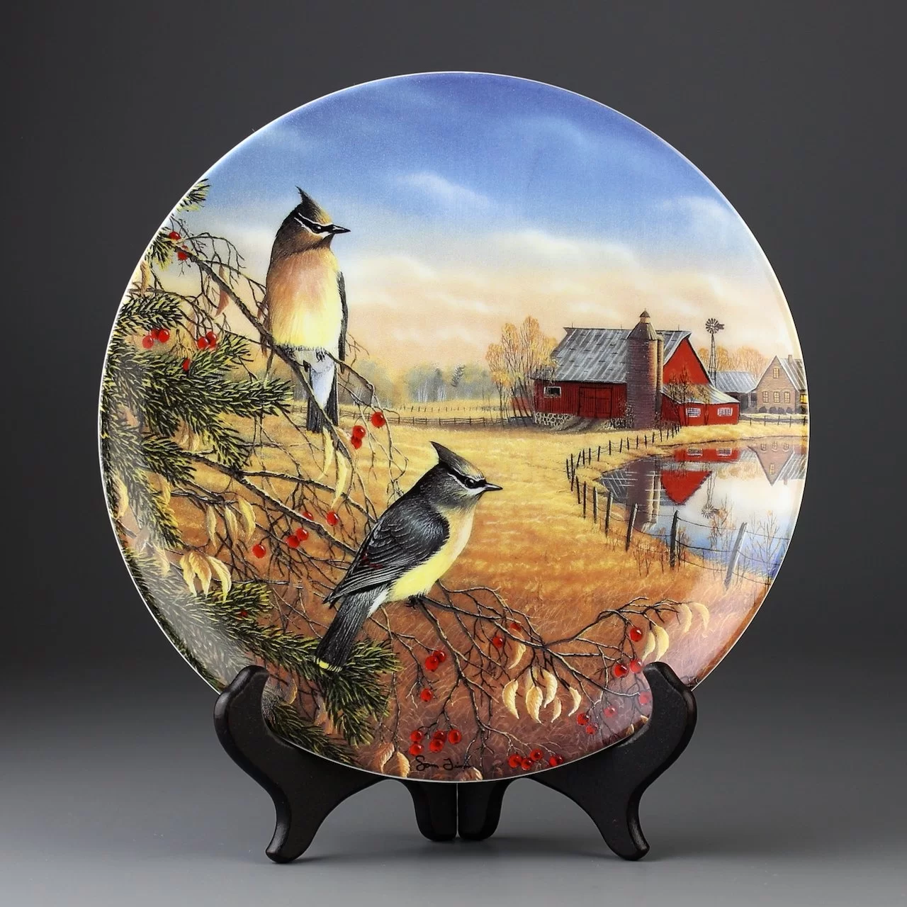 Тарелка винтажная декоративная настенная Фарфор Свиристели Птицы Knowles Birds of the Seasons Cedar Waxwings in Fall