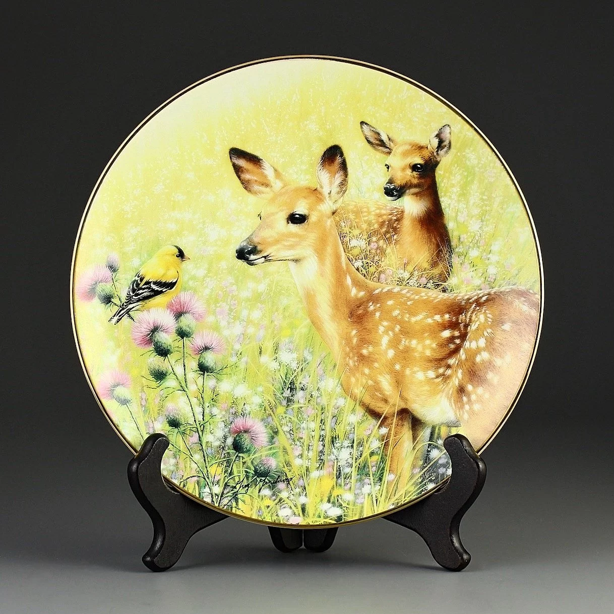 Тарелка винтажная декоративная настенная Фарфор Олени Косули Птица Hamilton Collection Woodland Encounters Meadow Meeting