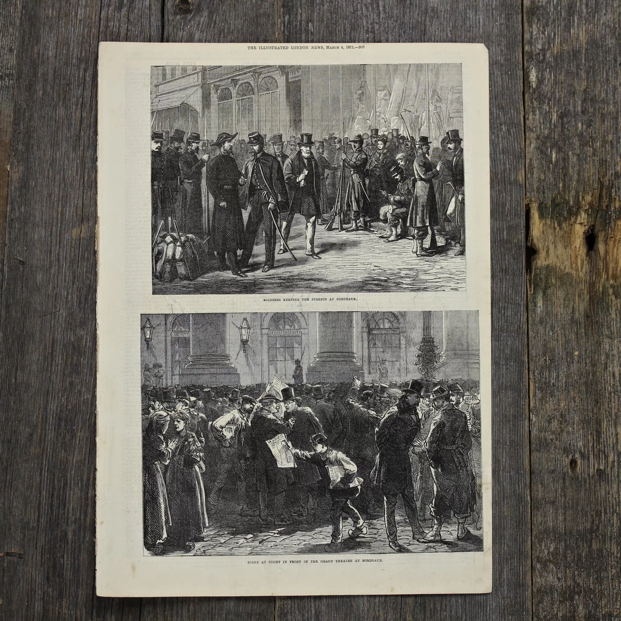 Антикварная иллюстрация The Illustrated London News Soldiers keeping the streets at Bordeaux