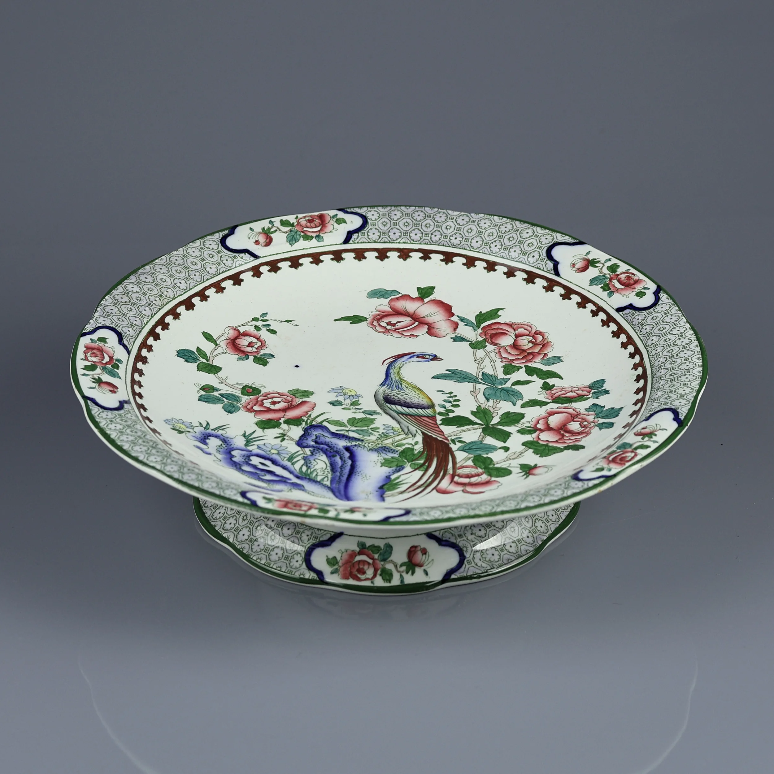 Антикварная английская тарелка-тортница на ножке Rockery & Pheasant Sampson Hancock & Sons Corona Ware