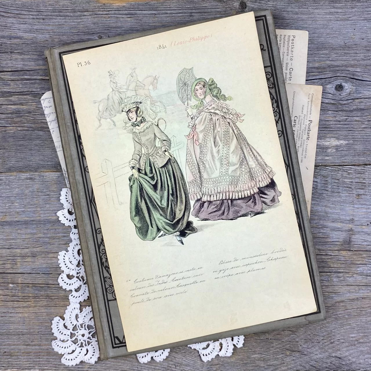 Антикварная французская иллюстрация Мода 19 века 1841 год Дамы на скачках Лошади Верховая езда