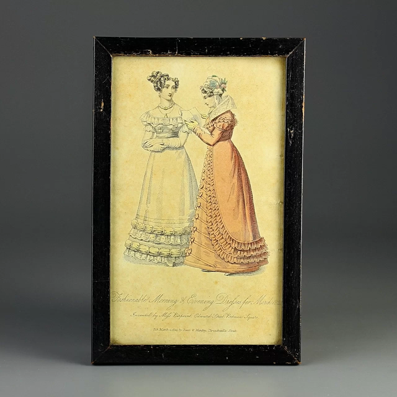 Антикварная английская иллюстрация Fashionable Morning and Evening Dresses for March 1824 Модные утренние и вечерние платья марта 1824 года