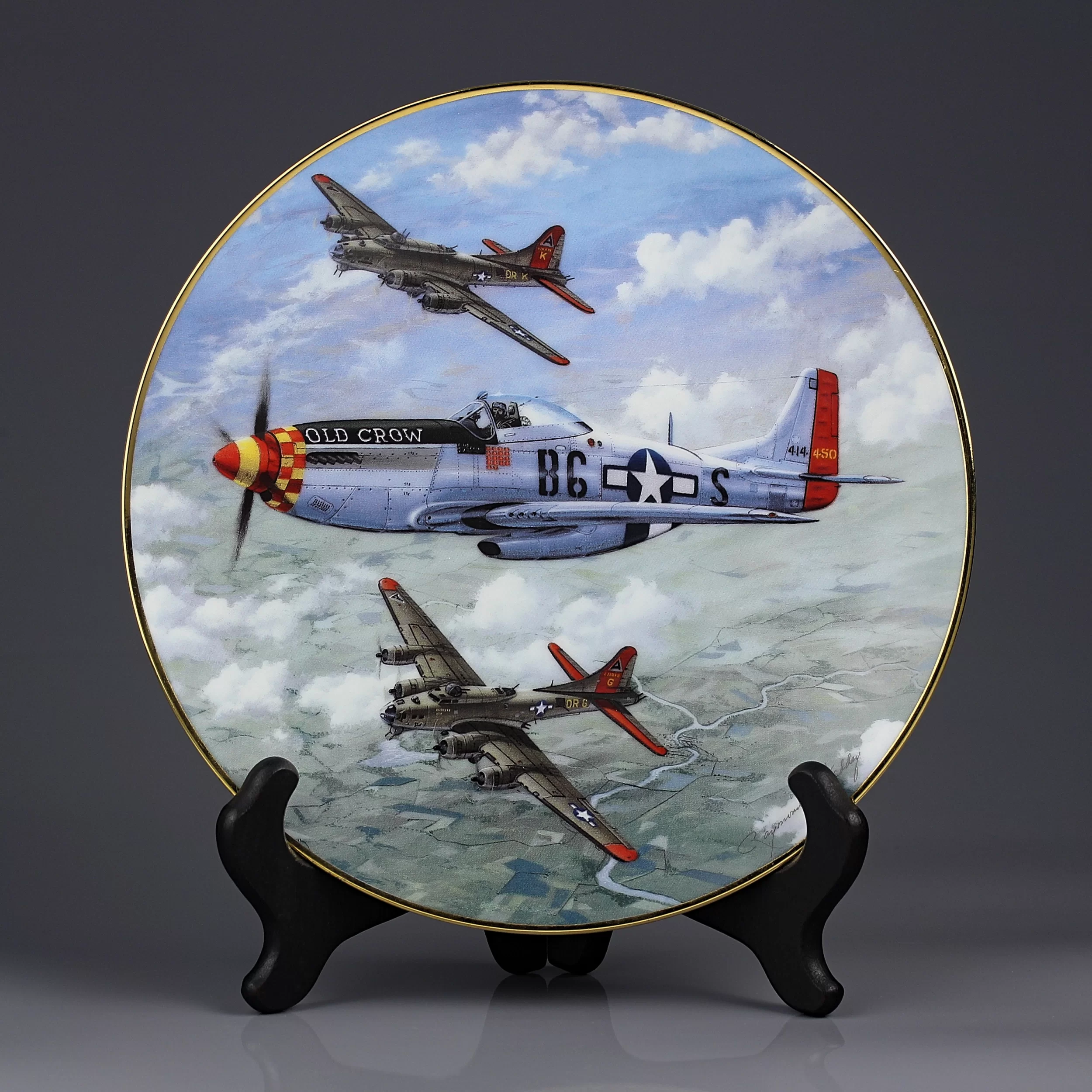 Тарелка винтажная фарфоровая настенная декоративная Самолёт военный Old Crow Great Fighter Planes World War II