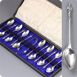 Двенадцать винтажных английских чайных кофейных ложек с щипцами для сахара Apostle Spoons Серебряное покрытие
