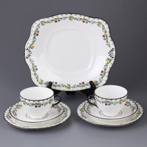 Антикварный английский чайный кофейный сет Tuscan Два фарфоровых трио и тарелка
