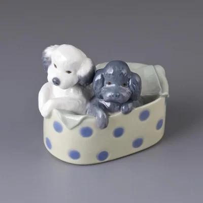 Винтажная фарфоровая статуэтка Пуделя в корзинке Собаки Lladro NAO Poodles & Dots