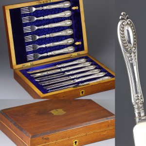 Антикварный английский набор ножей и вилок в аутентичном деревянном футляре John Round & Sons