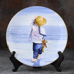 Тарелка винтажная декоративная настенная Фарфор Англия Дети на море Мальчик с мишкой Royal Worcester One Glorious Summer Reflections