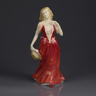 Винтажная фарфоровая статуэтка Англия Royal Doulton 3755 Strolling Дама в красном платье со шляпкой