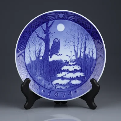 Тарелка винтажная декоративная настенная Фарфор Дания Рождество Сова Royal Copenhagen Christmas Plate 1974 Winter Twilight