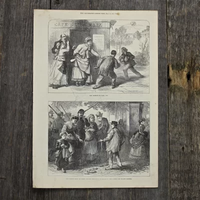 Антикварная иллюстрация The Illustrated London News Bursting of prussian shells within the porte D'Auteuil, Paris. Sketch by Balloon Post