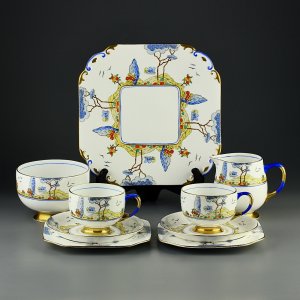 Антикварный кофейный сет Фарфор Англия Чайные трио, кувшин для молока, сахарница, тарелка Carlton Ware Sylvan