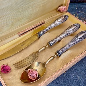 Винтажный набор десертных приборов, ложка, вилка и нож в оригинальном кофре Zolingen