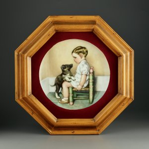 Тарелка винтажная декоративная настенная в деревянной раме Фарфор Мальчик и щенок Собака Hamilton Collection Child's Best Friends Sympathy