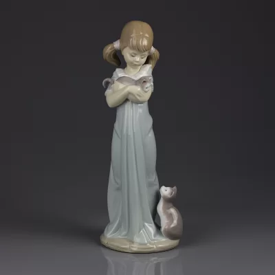 Винтажная фарфоровая статуэтка Девочка с котёнком и кошкой Lladro 5743 Don’t forget me