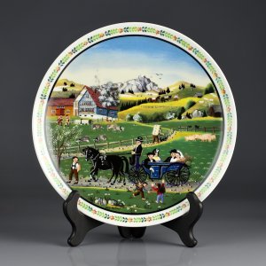Тарелка винтажная декоративная настенная Швейцария Пейзаж Свадьба лошади Langenthal Bauernhochzeit