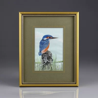 Винтажная рамка с изображением птицы на ткани Англия Cash Вышивка Kingfisher Зимородок