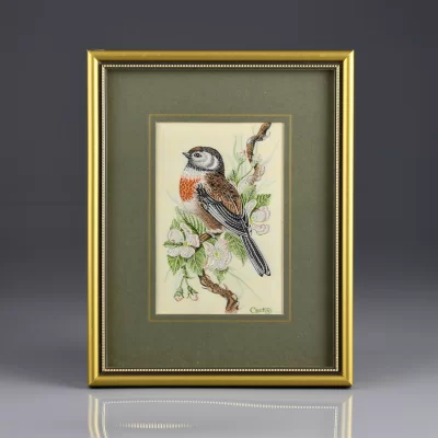 Винтажная рамка с изображением птицы на ткани Англия Cash Вышивка Linnet Коноплянка Реполов