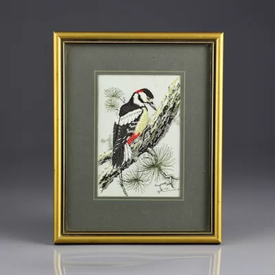 Винтажная рамка с изображением птицы на ткани Англия Cash Вышивка Woodpecker Dendrocopos major Дятел