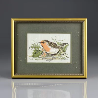 Винтажная рамка с изображением птицы на ткани Англия Cash Вышивка Robin Зарянка Малиновка