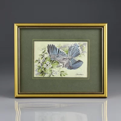 Винтажная рамка с изображением птицы на ткани Англия Cash Вышивка Blue Jay Голубая сойка