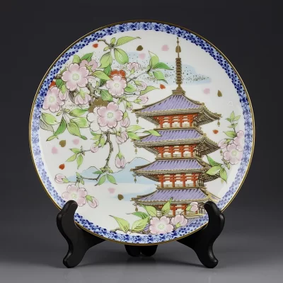 Тарелка винтажная фарфоровая настенная декоративная Япония Пагода Цветы Весна Noritake Seasons Plate Spring
