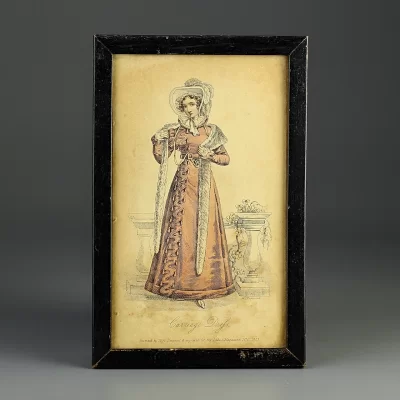 Антикварная английская иллюстрация в рамке под стеклом Carriage Dress 1823 Парадное платье 1823 года